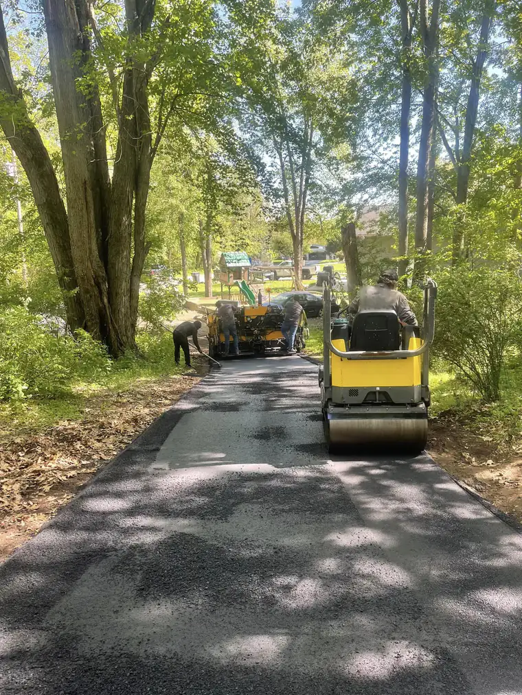 Crew operating an asphalt paver and tandem roller on a long driveway shaded by tall hardwood trees
