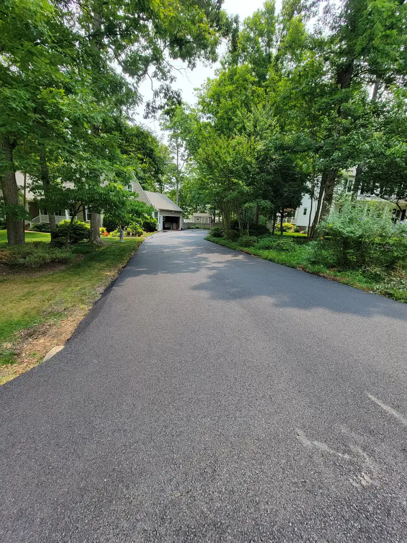 Long new asphalt driveway winding under mature shade trees toward a detached two-car garage